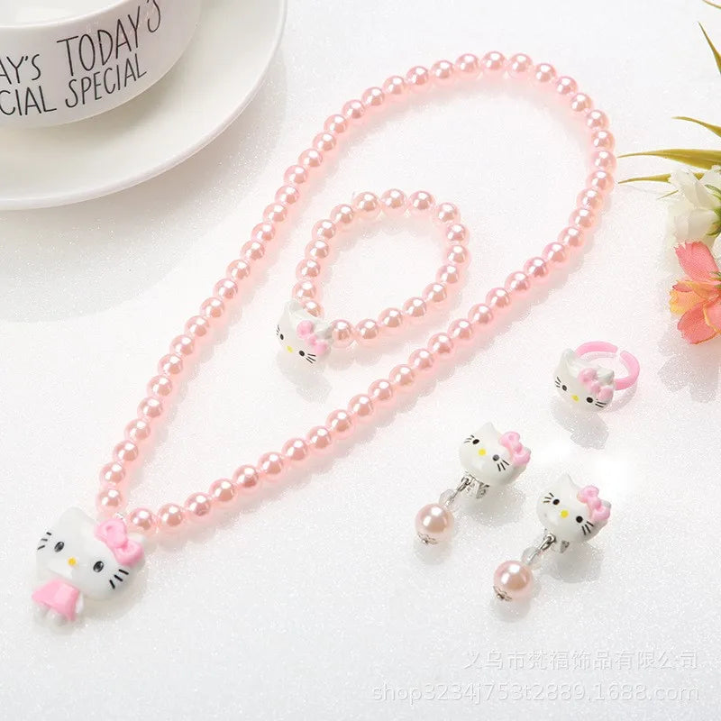 4pcs/set Sanrio Kawaii Hello Kitty Necklace, Hairclips & Ring Set - Image 2