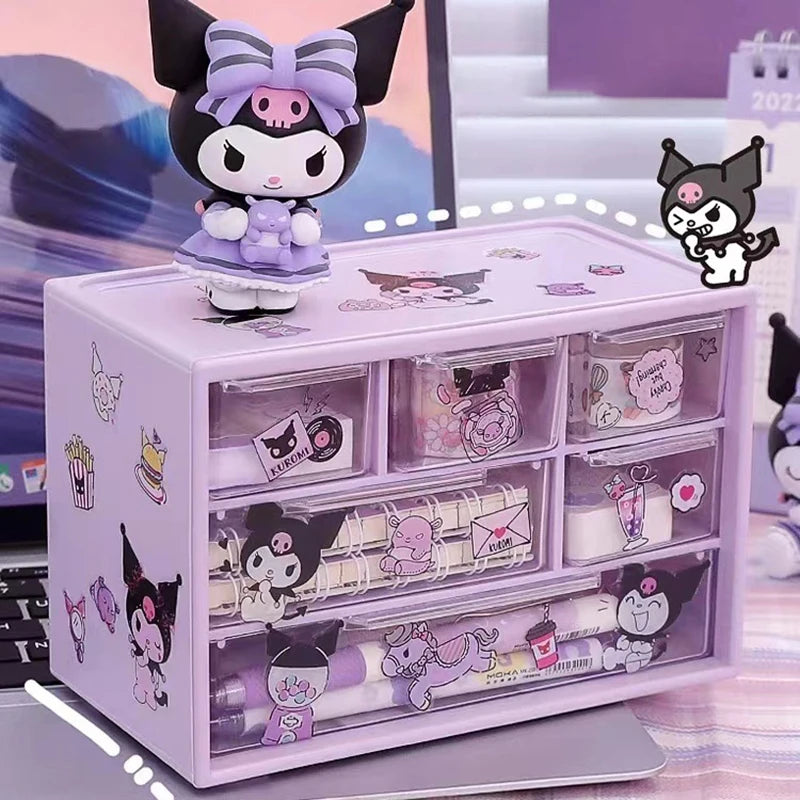 Sanrio 6-Grid Storage Box with Kuromi, Cinnamoroll, & Melody Stickers